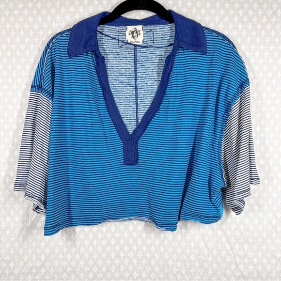 Free People We The Free Blue Striped On A Boat Crop Polo Top - Picture 2 of 6